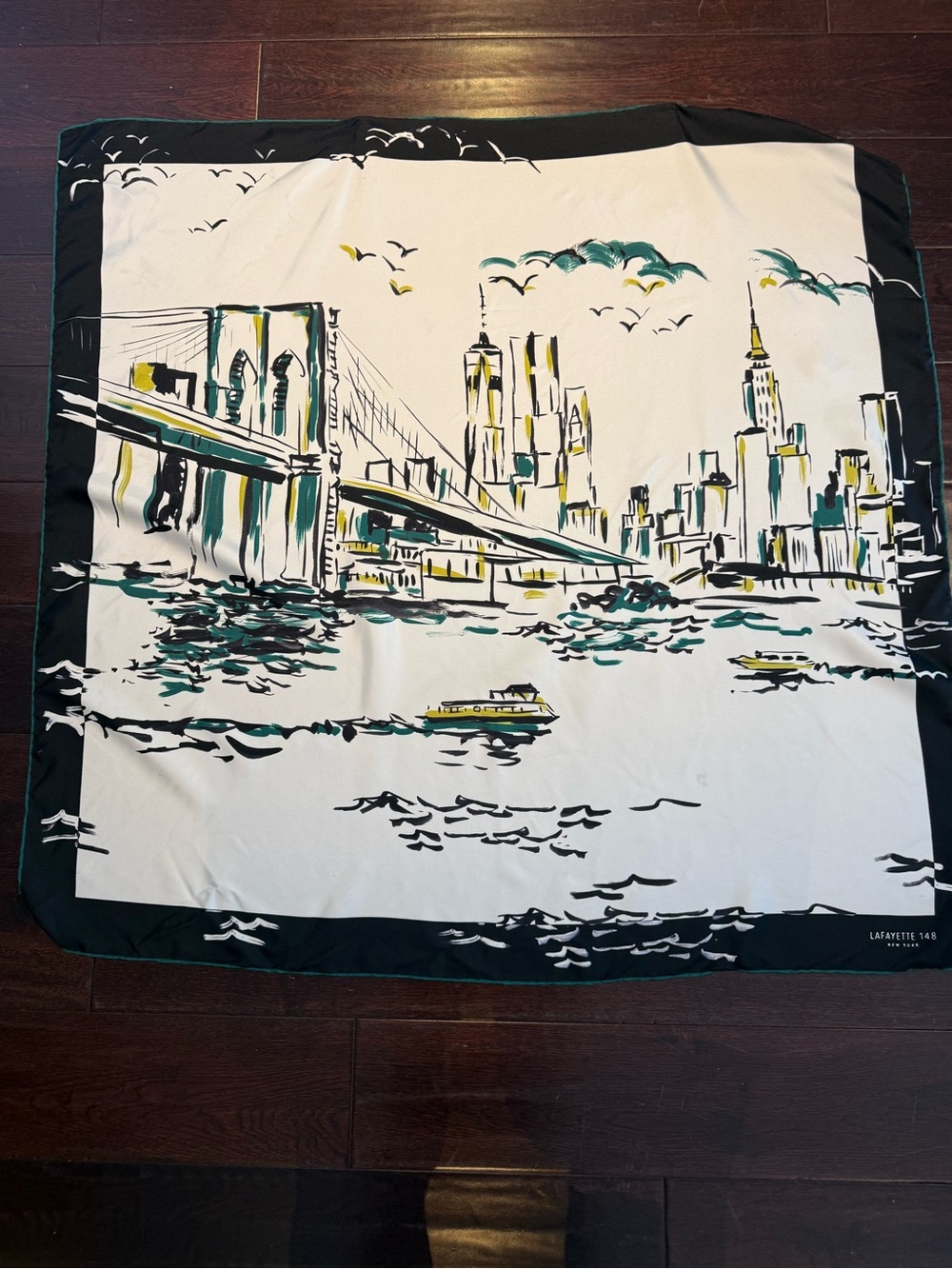 Lafayette 148 New York Silk Scarf with Teal, Black and Chartreuse Green Accents